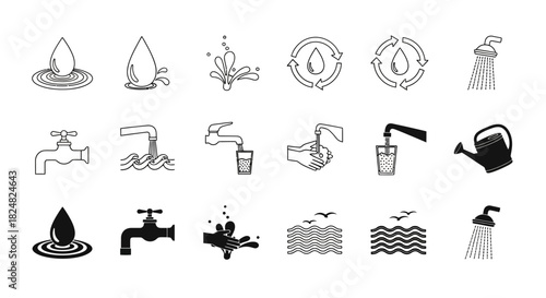 Set of water-related icons including drops, faucets, splashes, and showerheads, symbolizing conservation and usage