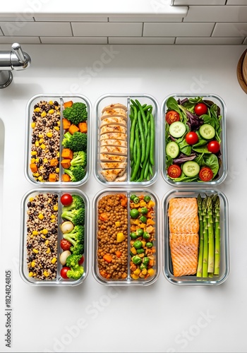 Healthy Meal Prep Containers with Various Cooked Foods on a White Countertop.