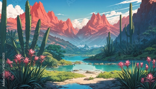 desert landscape with cacti, flowers, mountains, and lake