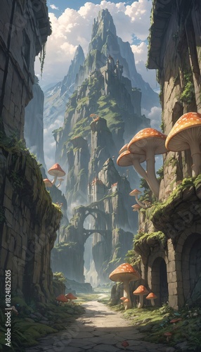fantasy landscape with towering stones and giant mushrooms