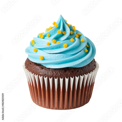 Delicious Chocolate Cupcake With Blue Frosting and Yellow Sprinkles on a Whit...