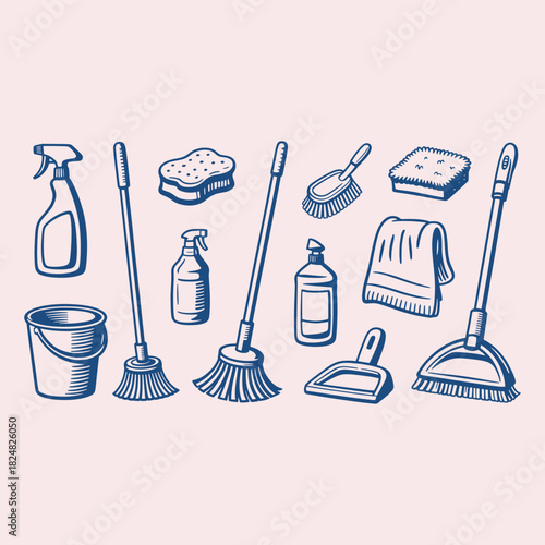 Collection of blue line art cleaning supplies on a pale pink background tools broom