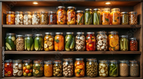 Colorful jars of pickled vegetables on wooden shelves