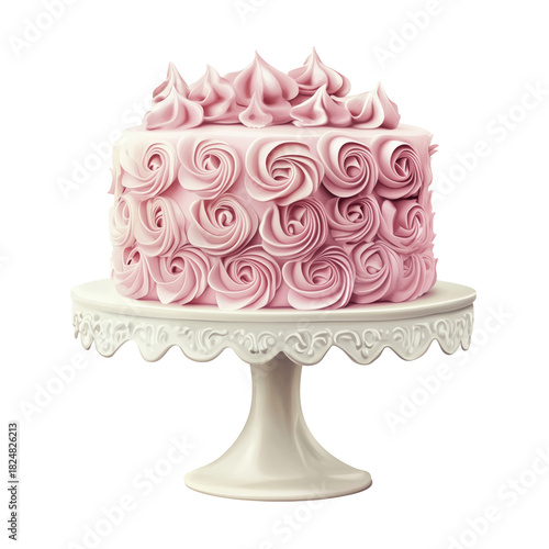 Pink Frosted Cake With Elegant Ruffles on a White Cake Stand for a Special Ce...