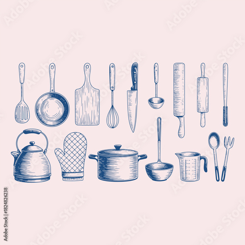 Hand drawn blue kitchen utensils and cookware on a pale pink background kitchenware cooking