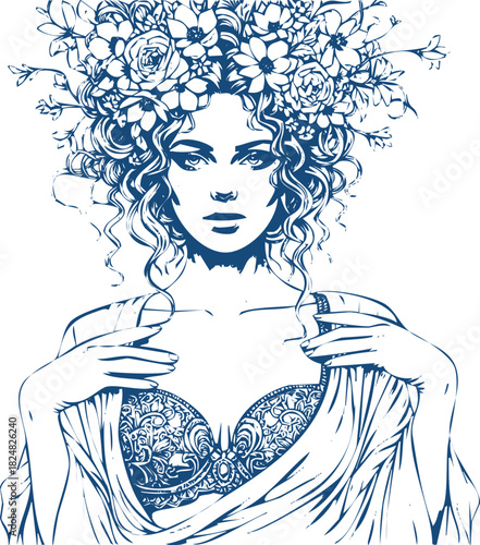 Woman with Elaborate Floral Headdress and Ornate Bra in Blue Ink Style Keywords: woman, female, portrait, headwear, floral, flowers