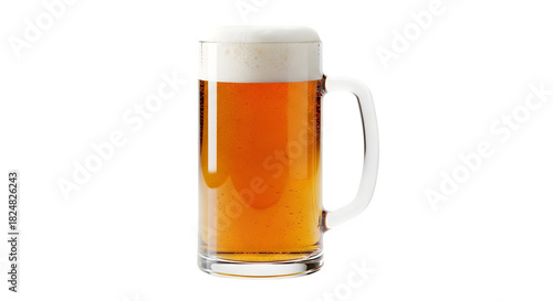 A refreshing golden drink in a classic glass mug, featuring a frothy white head, inviting a cool and crisp drinking experience