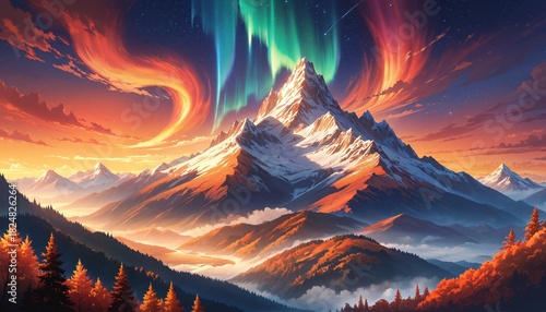 northern lights over snowy mountain range with vibrant colors and starry sky