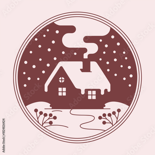 Snow covered house with smoke from chimney in circular frame with falling snow and bare branches winter