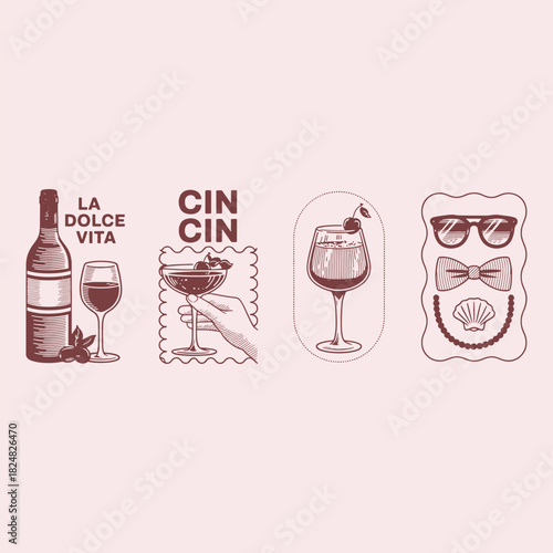 Four vintage style illustrations of wine bottle glass cherries and a dapper accessory set wine glass