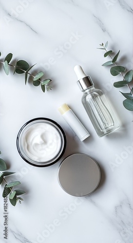 Organic Skincare Products with Eucalyptus Leaves on Marble Background.