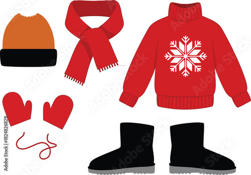 Cozy winter clothing set vector illustration, including an orange knit hat, red scarf, mittens, a sweater with a snowflake pattern, and black warm boots.