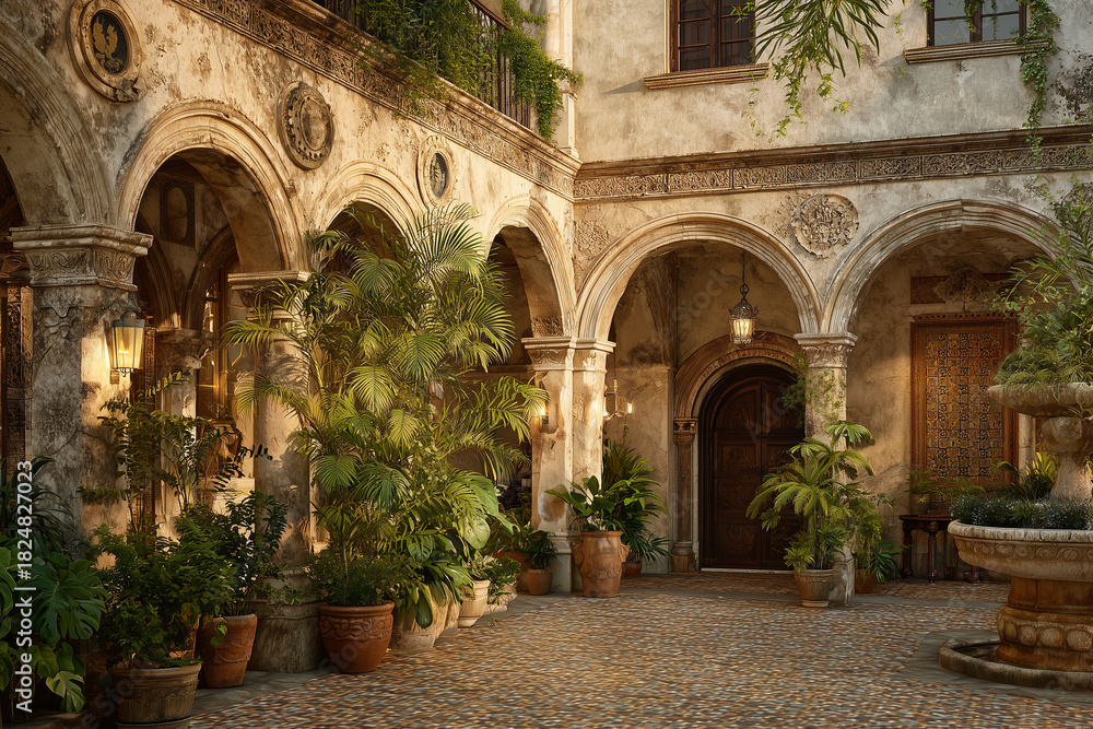 Fototapeta premium A warm Indo-Arabic courtyard with carved arches, patterned tiles, and soft golden light, blending traditional forms with modern calm. Indo Arabic courtyard with carved archways, patterned tiles, tropi