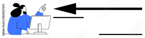Workflow concept. Woman interacting with a computer and pointing at an arrow focus and direction in processes. Workflow optimization for workplace, education, planning, digital tools, and teamwork