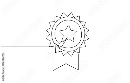 Single continuous line drawing of the best quality award badge with gold star winning medal illustration. Isolated on transparent background