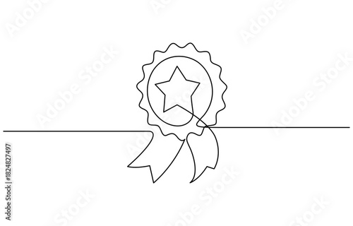 Single continuous line drawing of the best quality award badge with gold star winning medal illustration. Isolated on transparent background