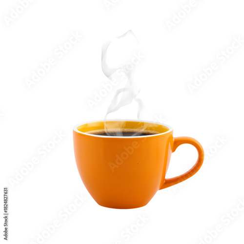 Hot Coffee Steaming in an Orange Cup on a White Background During the Morning