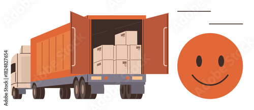Delivery truck carrying boxes in open cargo hold with a smile icon. Ideal for logistics, shipping, delivery, transportation, storage, e-commerce, customer satisfaction. A simple flat metaphor