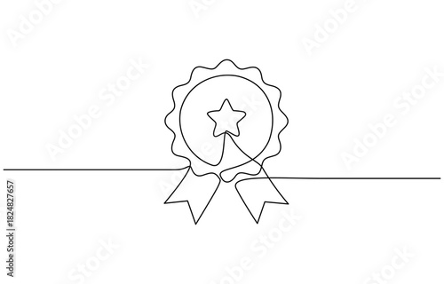 Single continuous line drawing of the best quality award badge with gold star winning medal illustration. Isolated on transparent background