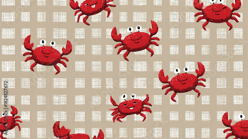 Seamless pattern with cute red crabs on a checkered background design