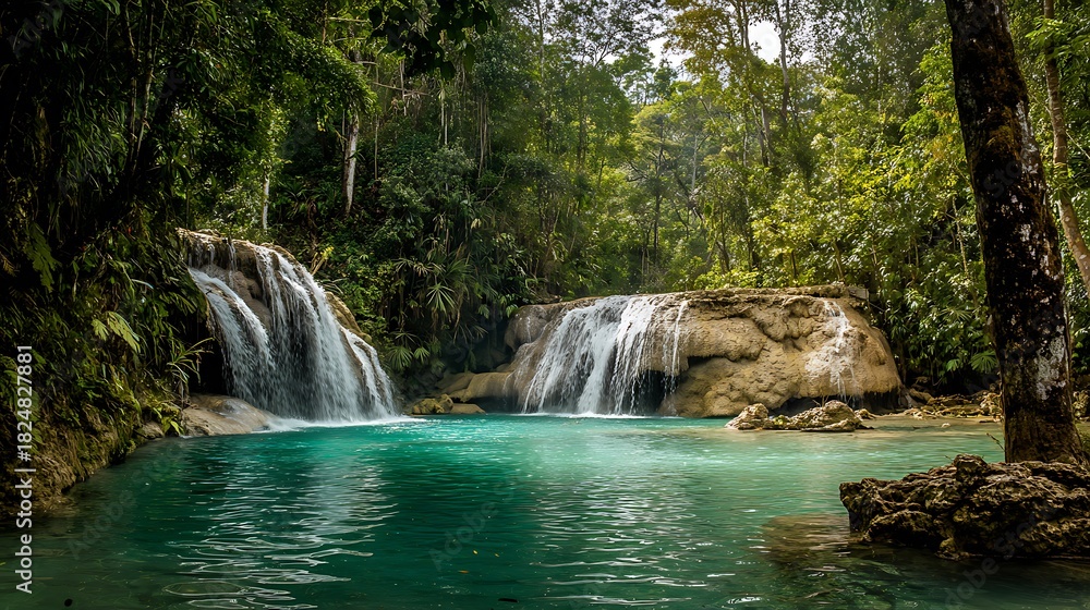 Naklejka premium Tropical waterfall cascading into lagoon emerald green turquoise and aqua tones