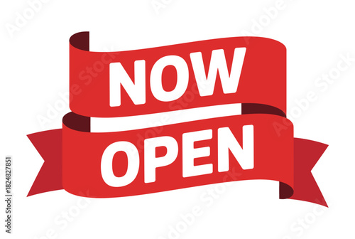 A red ribbon banner with the words "NOW OPEN" in white text, indicating a business is open for customers.