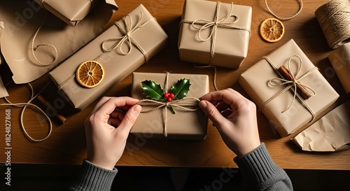 Overhead view of hands decorating a Christmas gift box with holly and string, surrounded by other wrapped presents and festive elements on a wooden table.