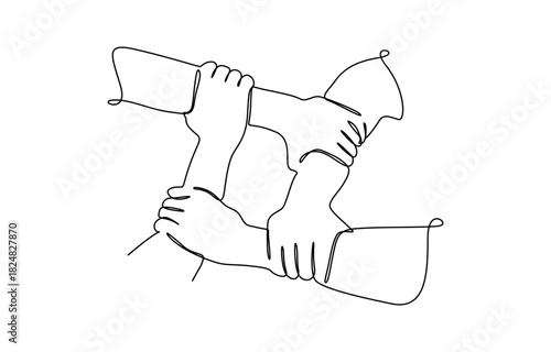One continuous line drawing group of young male and female business people unite their hands together, Isolated on transparent background