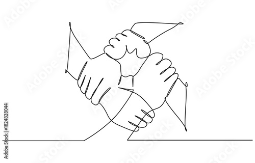 One continuous line drawing group of young male and female business people unite their hands together, Isolated on transparent background