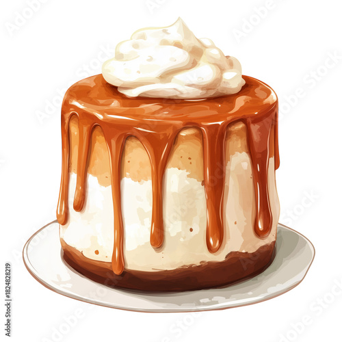 Delicious Dessert Featuring Creamy Cheesecake With Caramel Drizzle and Whippe...