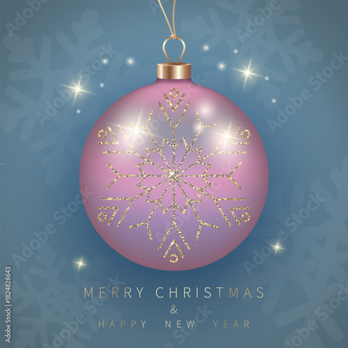А square holiday card with a pink glittery Christmas bauble