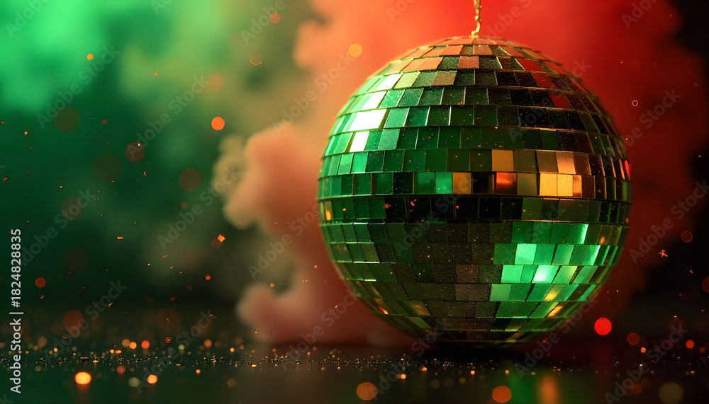Fototapeta premium A shiny green Christmas bauble designed like a disco ball, surrounded by swirling red glitter smoke. The sparkling particles and reflective surface create a playful, festive, energetic holiday style