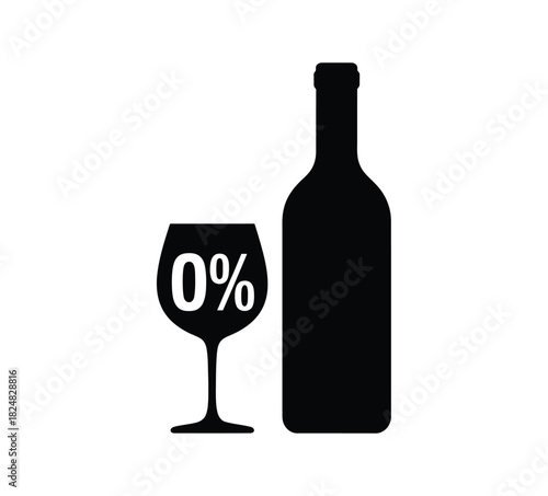 A silhouette of a wine bottle and a wine glass with 0% alcohol content displayed on the glass.