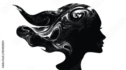 Silhouette of woman with abstract hair design in black and white