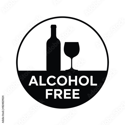 A black and white circular icon clearly indicates that a product is alcohol-free, featuring a silhouette of a bottle and a glass.
