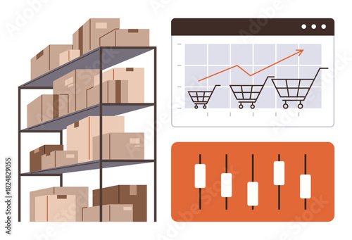 Warehouse storage rack full of packages, sales growth chart with shopping carts, candlestick trading analysis. Ideal for logistics, e-commerce, inventory, business strategy, stock markets, growth