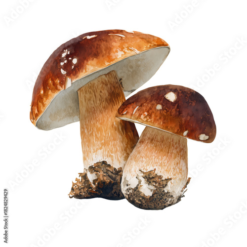 Brown Mushrooms Growing on the Forest Floor Near a Tree Stump in a Vibrant an...