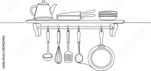 Minimalist Kitchen Shelf with Hanging Cooking Utensils Line Art Illustration