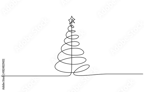Hand drawn christmas tree in minimalistic design. Continuous one line drawing Christmas tree. isolated on transparent background