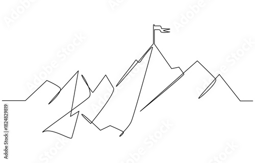 Mountain range continuous one line drawn. Mountain with flag linear concept. Isolated on transparent background