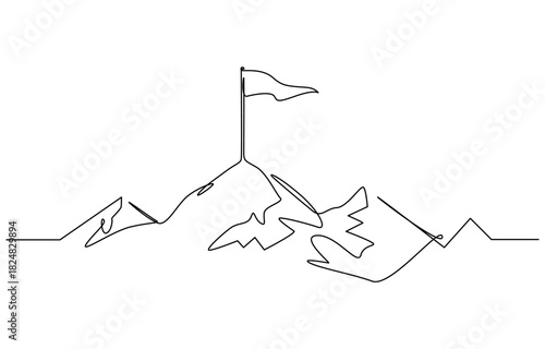Mountain range continuous one line drawn. Mountain with flag linear concept. Isolated on transparent background