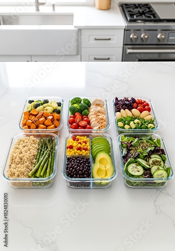 Six glass containers filled with various healthy meal prep ingredients on a white kitchen counter.