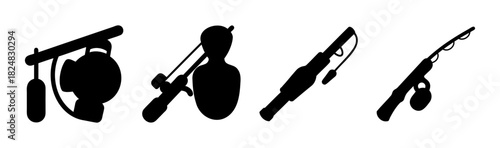 Fishing gear silhouettes for angling sport and hobby designs