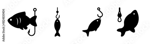 Set of black silhouette fish and fishing hook icons collection