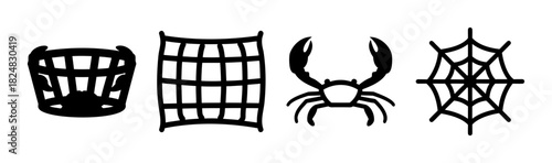 Fishing crab and spiderweb traps and nets line art vector