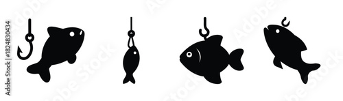 Fishing activity icons with fish and hooks silhouette set
