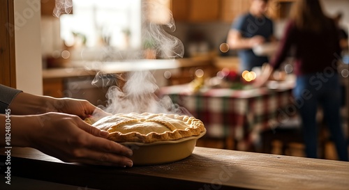 Steaming hot homemade apple pie being placed on a wooden counter in a cozy kitchen.