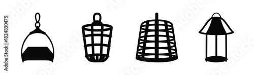 Set of black silhouette fishing bait feeders and bird cages