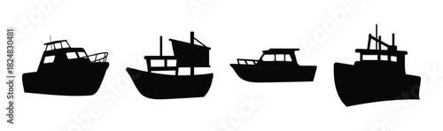 Diverse collection of boat silhouettes for marine design assets.