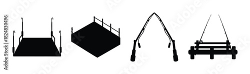 Fishing rods, swing bed, stage, and platform vector icons